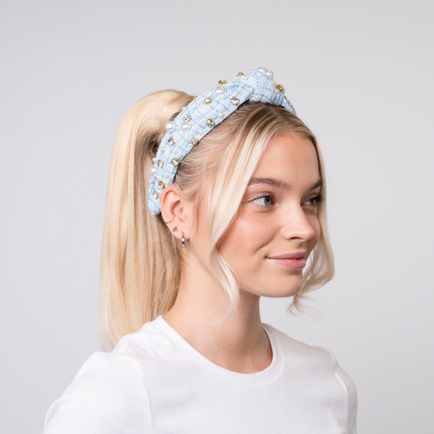 Plaid & Pearl Headband - Blue