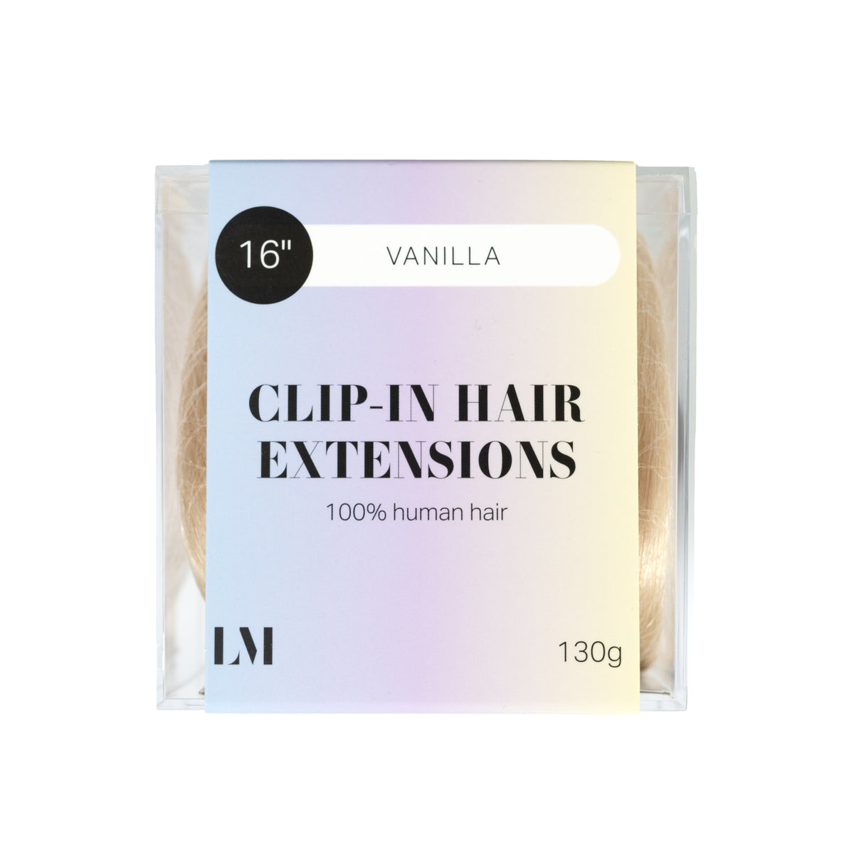 Packaged clip-in hair extensions with 'Vanilla' label on a white background