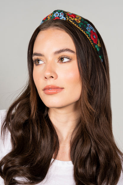 Embroidered floral headband on model — Locks & Mane