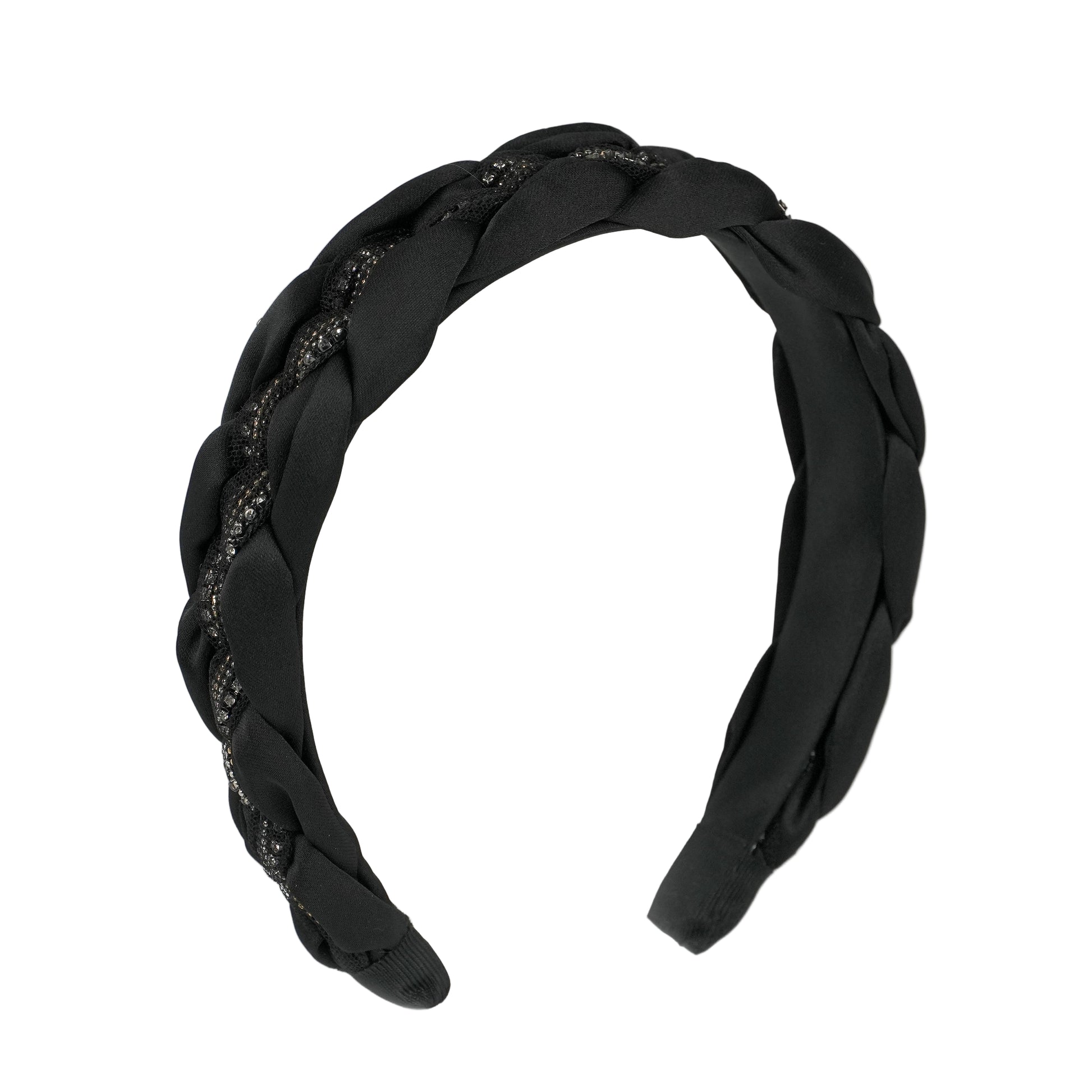 Black braided headband on a white background