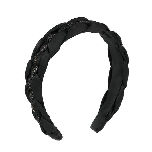 Black braided headband on a white background