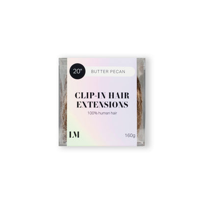 20 inch clip-in hair extensions Butter Pecan shade on white background — Locks & Mane