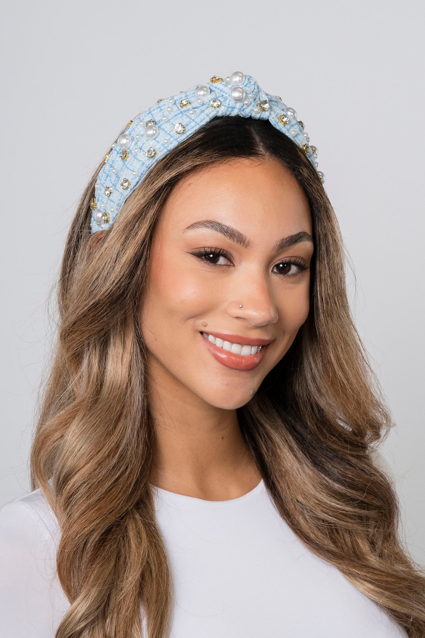 Plaid & Pearl Headband - Blue