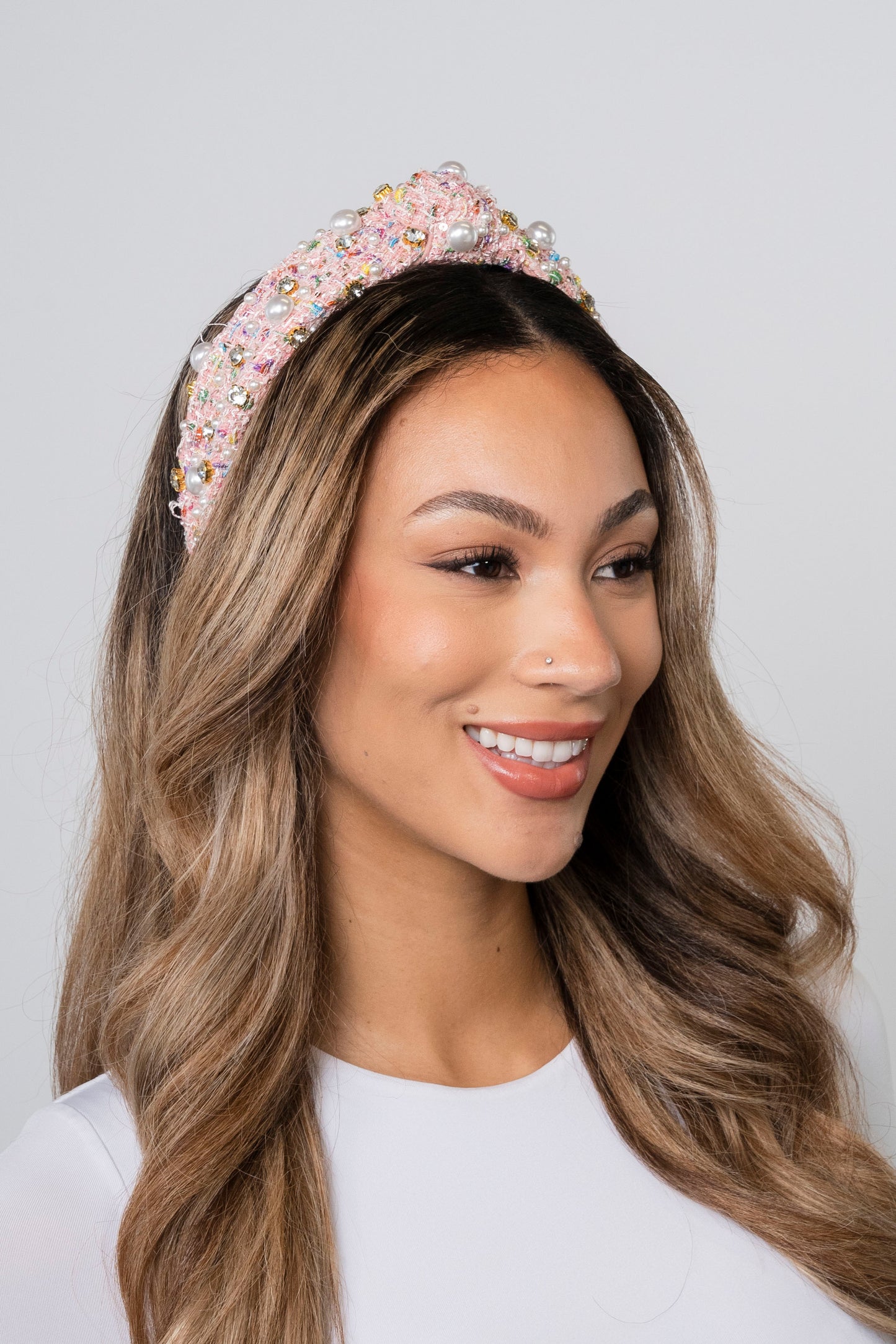 Plaid & Pearl Headband - Pink