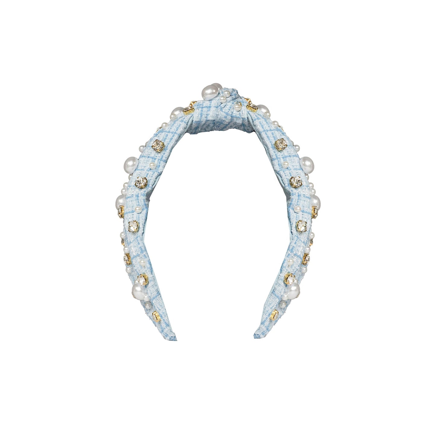 Plaid & Pearl Headband - Blue