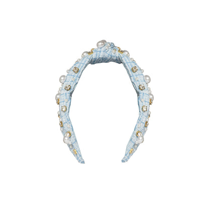 Plaid & Pearl Headband - Blue
