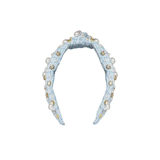 Plaid & Pearl Headband - Blue