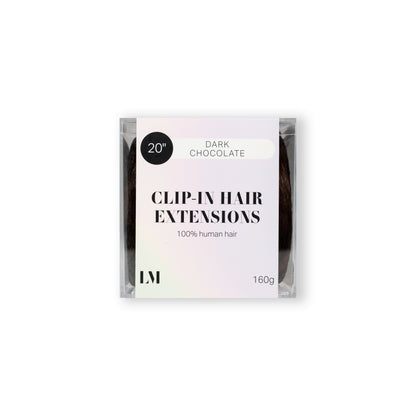 20 inch clip-in hair extensions Dark Chocolate shade on white background — Locks & Mane