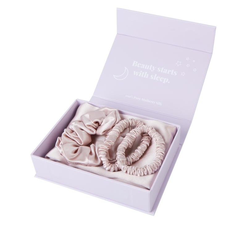 100% Silk 3-Piece Scrunchie Set with Pillow Case in Blush