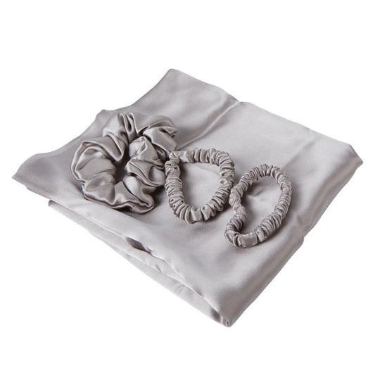 100% Silk 3-Piece Scrunchie Set with Pillow Case in Grey