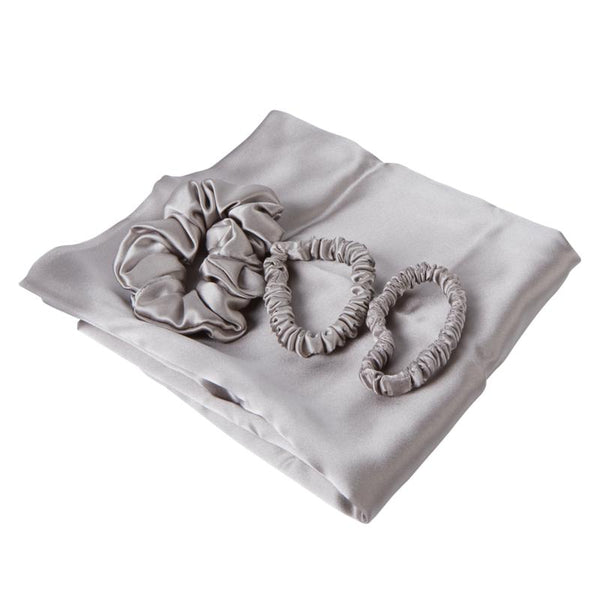 Grey 100% Silk 3-Piece Scrunchie Set with Pillow Case